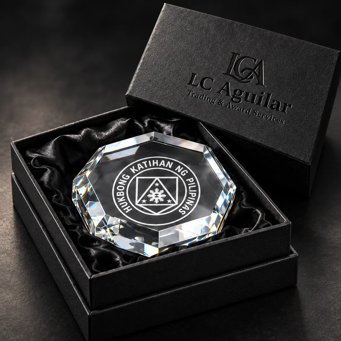 Octagon crystal paperweight etched with the Philippine Army seal, in an LC Aguilar gift box lined with black satin